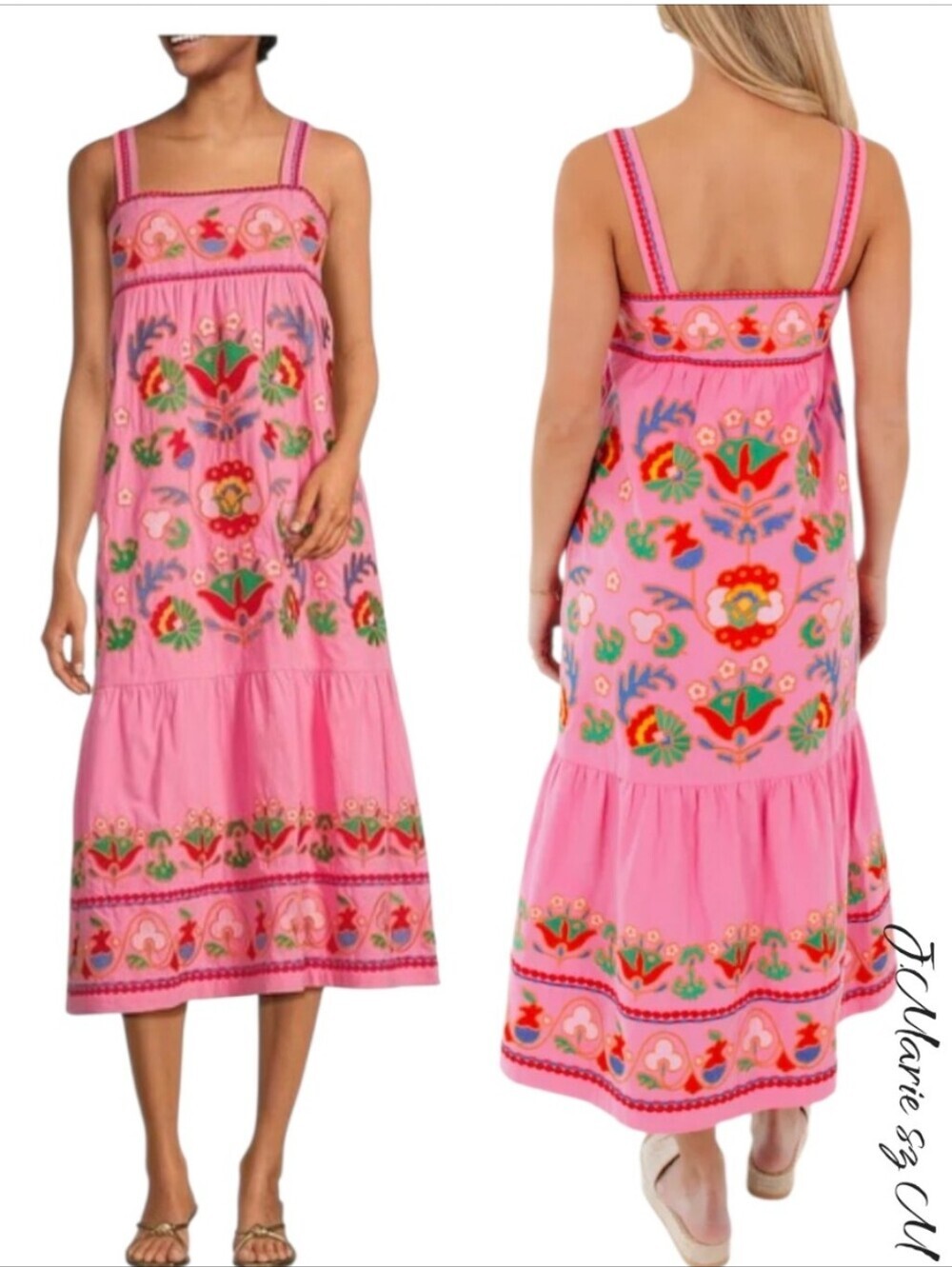 J. Marie Landon Midi Dress Hot Pink Floral Embroidered NWT Size M